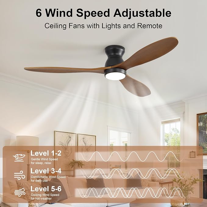 52 Inch Ceiling Fan with Light and Remote & APP Control, 3 Wooden Blades, 6 Wind Speeds, Quiet DC Motor, Indoor Flush Mount Ceiling Fan for Bedroom Living Room Farmhouse Patio