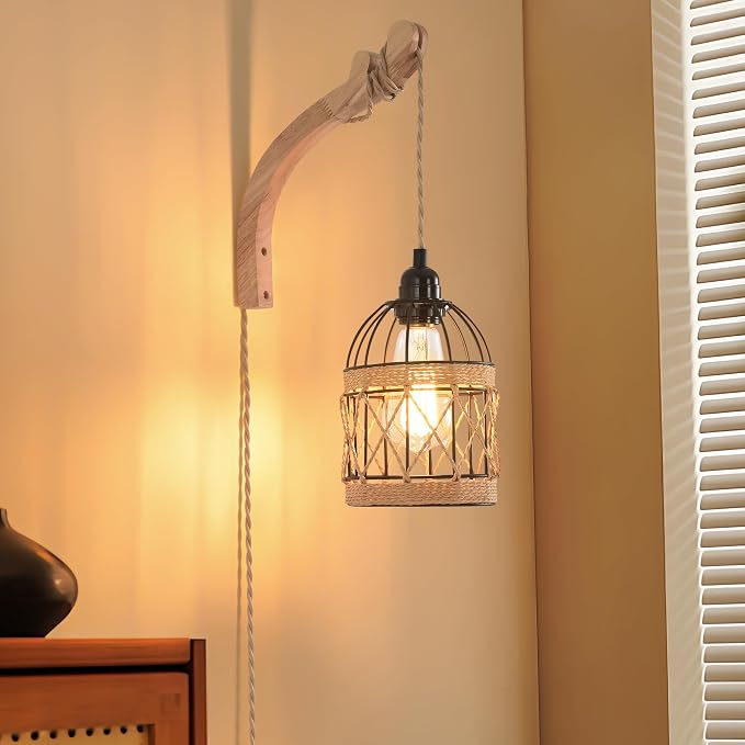 Plug in Wall Sconce,Farmhouse Wicker Wall Lamp Plug in,Hand Woven Rattan Wall Light Farmhouse Rustic Boho Sconces Wall Lighting for Living Room Bedroom