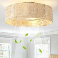 Caged Ceiling Fans with Lights Flush Mount, 20" Rattan Boho Ceiling Fan with Light Remote Control, Enclosed with 6 Speeds for Bedroom, Nursery, Living Room (Beige)