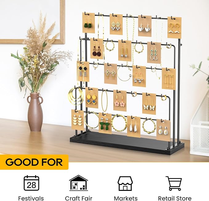 ORLESS Jewelry Display for Vendors, Earring Display Stand for Selling, Necklace Display Holder for Selling, Earring Cards Organizer for Bracelets, Rings, Jewelry Towers, Black (35 Hooks)