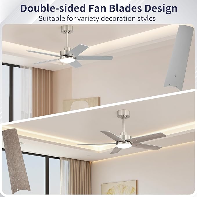 42 Inch Ceiling Fans with Lights and Remote, Bedroom Living Room Kitchen Home Office Indoor/Outdoor, 6CCT Dimmable, Dual Color 5 Blades, 6 Speed Reversible Quiet DC Motor, Sand-nickel/Wood Grain
