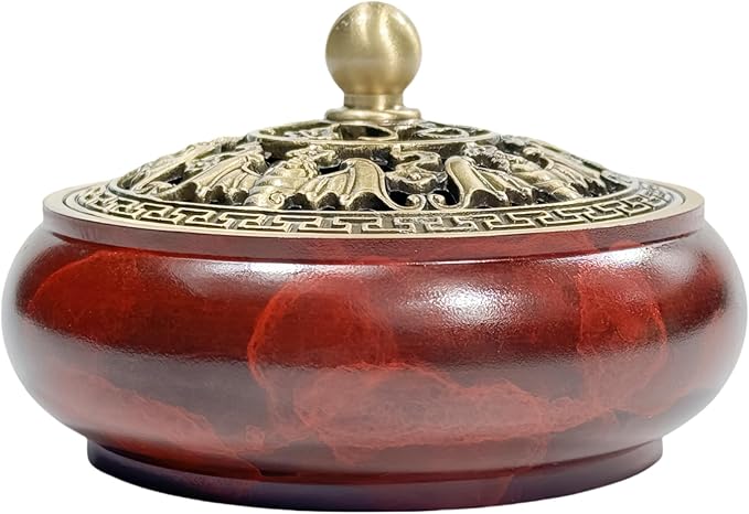 Red Brass Incense Burner with Stick Holder & Fireproof Cotton - Compatible with Cone, Charcoal Disc, Coil Incense | Handcrafted Durable Design for Home Altar, Meditation, Yoga