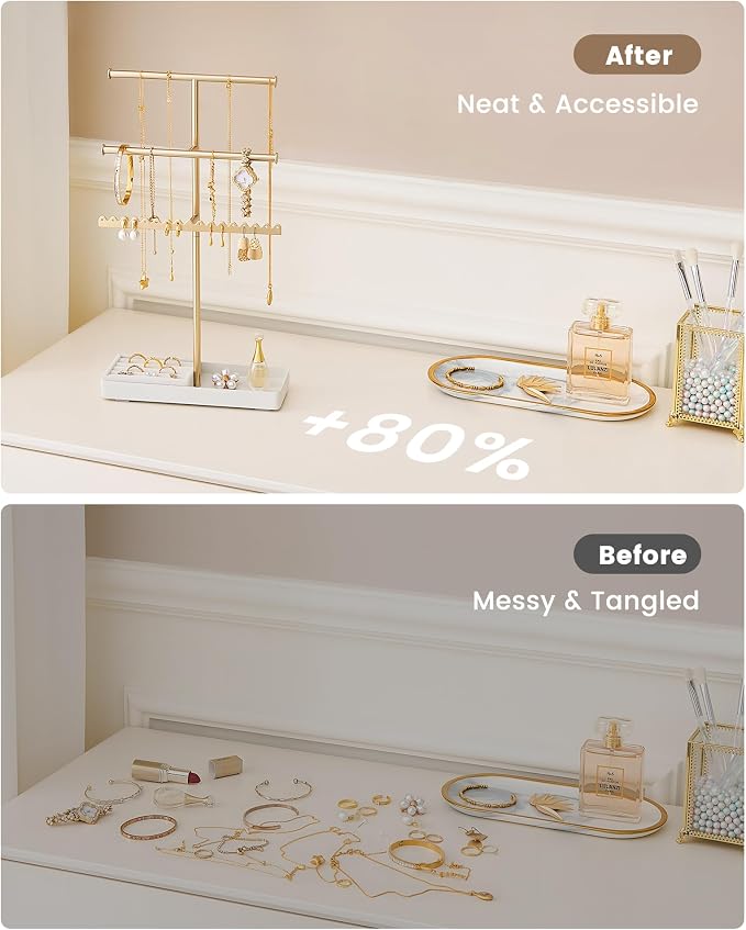 Lolalet 3-Tier Jewelry Organizer Stand, Metal Jewellery Holder, Dresser Display Rack for Necklace Earring Bracelets Rings, Gift for Women Girls -Gold