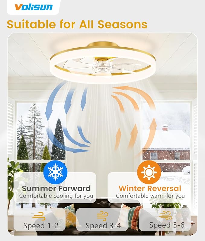 VOLISUN Low Profile Ceiling Fans with Lights and Remote, 24in Fandelier Ceiling Fan Flush Mount, 3000K-6500K Smart Bladeless LED Fan Light, Gold Modern Ceiling Fans with Lights for Bedroom