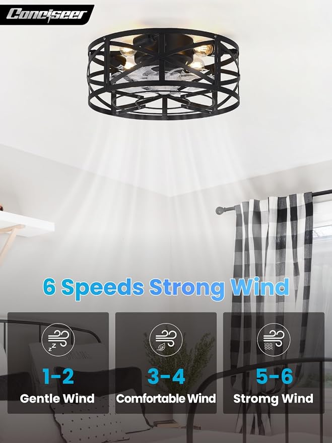 Conciseer 20 Inch Caged Ceiling Fans with Lights and Remote, Flush Mount, Low Profile 7 Blades, 6 Speed Reversible Quiet DC Motor for Bedroom, Kitchen and Living Room, Black