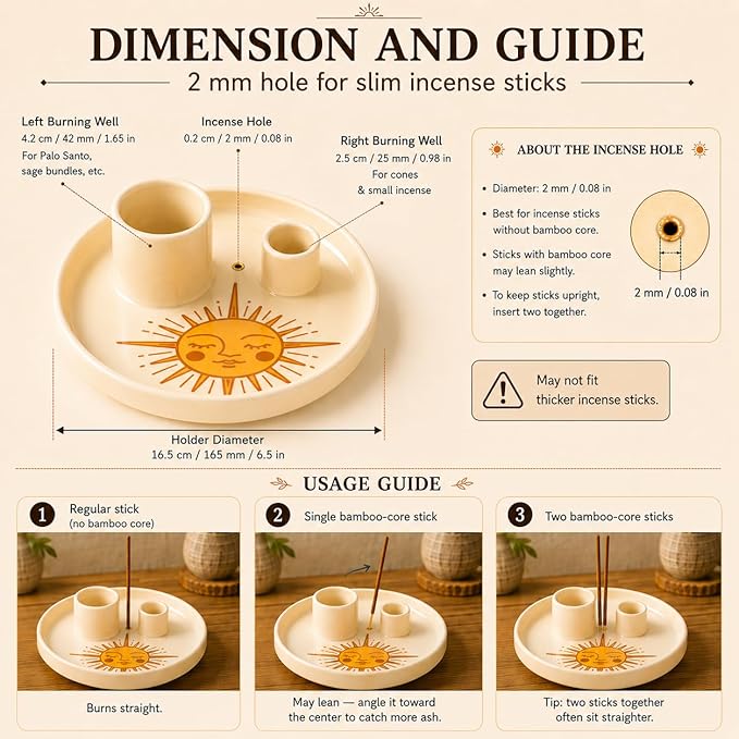 Incense & Palo Santo Holder – 6.5'' Ceramic Sage Burner for Sticks, Bundles, Cones, Candle & Tealight with Ash Catcher – Jewelry Tray, Smudge Pot, Home Décor, Meditation Gift (Golden Sun)