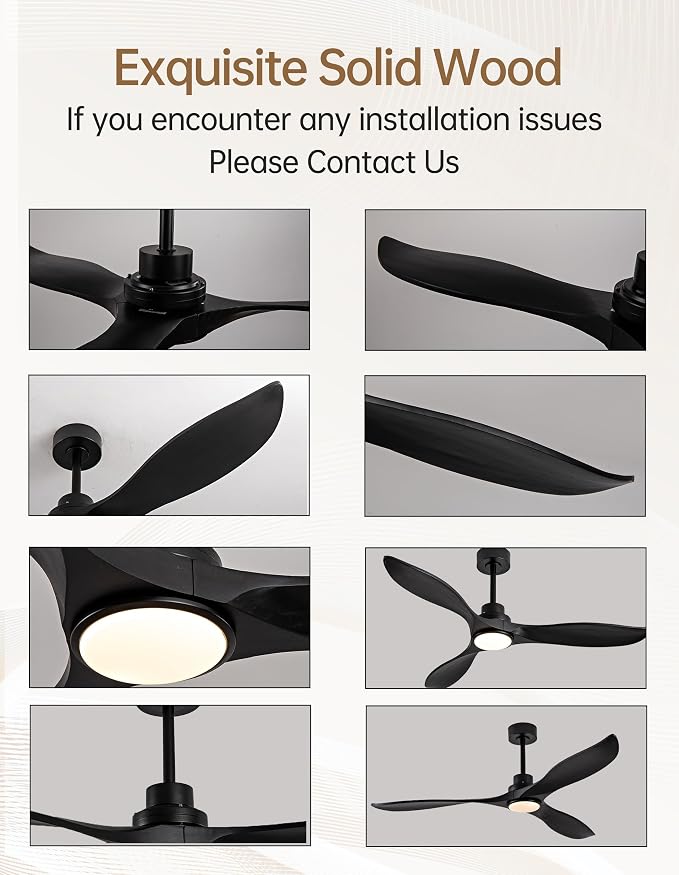 60" Solid Wood Ceiling Fans with Lights and Remote, 3 Blade Black Ceiling Fans with Wall Control, 6 Speed, Dimmable, Quiet DC Motor for Outdoor Bedroom Living Room