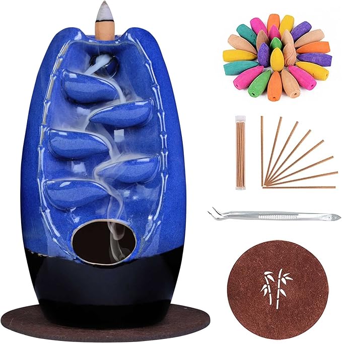 SPACEKEEPER Ceramic Backflow Incense Holder Burner Waterfall, Aromatherapy Ornament Home Decor with 120 Cones + 30 Stick, Navy