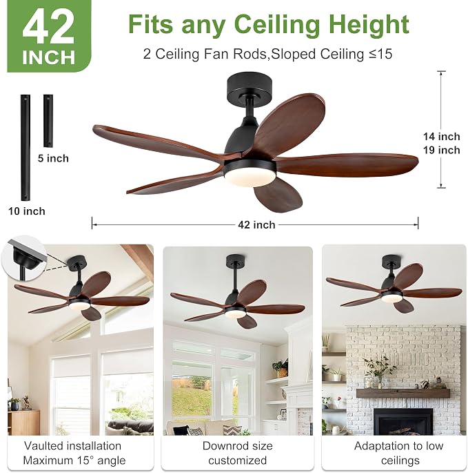 42 Inch Solid Wood Ceiling Fans With Lights, Remote Control, Dimmable, Reversible, Wood Blades, Power-Off Memory, Quiet DC Motor, Indoor/Oudoor Ceiling Fan with Light for Patio