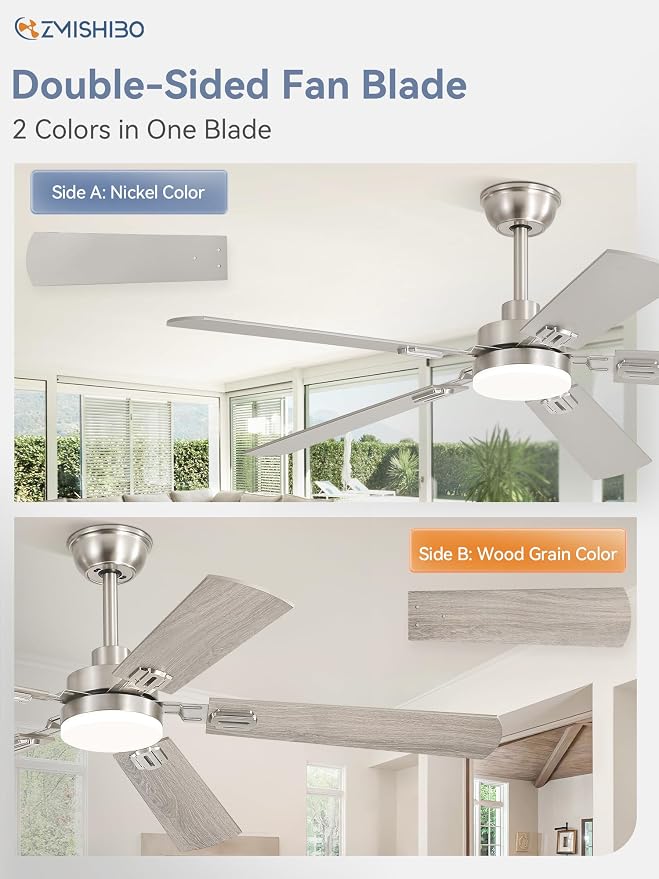 ZMISHIBO 52" Ceiling Fans with Lights, Nickel Modern Ceiling Fan with Remote & App Control, Bedroom Indoor Ceiling Fan with Dual Finish Blades, Quiet & Strong Motor, 24W Dimmable Bright LED Light.