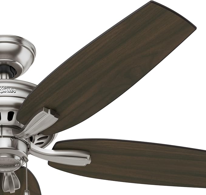 Hunter 52 inch Indoor Ceiling Fan No Light with Pull Chain - Ceiling Fan without Light, Standard Mount, 5 Blades, For Bedroom, Living Room, or Kitchen, Quiet - Newsome 53321, Brushed Nickel