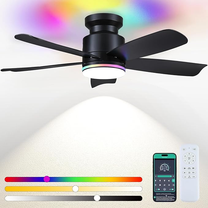 Wiviniya 41 Inch Black Flush Mount Ceiling Fans with RGB Lights, 5 Reversible Blades, 6-Speed 2H Timer, RGB & 3 CCT Dimmable, Remote & APP Control for Bedroom Living Room
