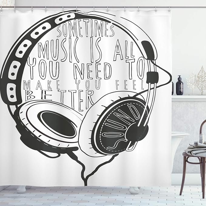 Ambesonne Music Shower Curtain, Headphones Industrial Design Sketch with Words Audio Sound Stereo Scribble, Cloth Fabric Bathroom Decor Set with Hooks, 69" W x 84" L, Charcoal Grey