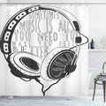 Ambesonne Music Shower Curtain, Headphones Industrial Design Sketch with Words Audio Sound Stereo Scribble, Cloth Fabric Bathroom Decor Set with Hooks, 69" W x 75" L, Charcoal Grey