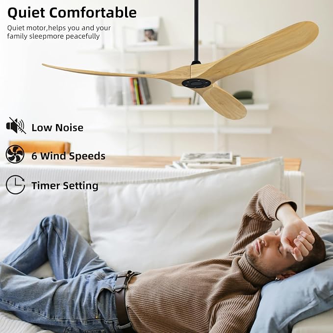 72 Inch Large Ceiling Fan, Reversible DC Motor Ceiling Fan Without Light, Can Set Time 1H/4H/8H, Suitable for Living Room, Dining Room, Office, Outdoor Terrace (Natural Wood, 72 inch)