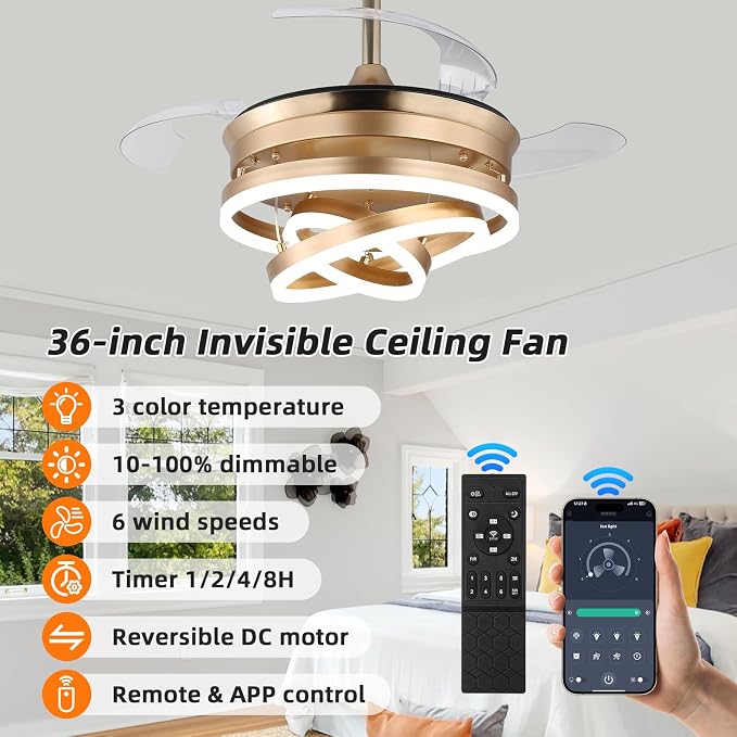Retractable Ceiling Fan with Lights,Dimmable,6 speeds,DC Motor,Modern DIY Ceiling Fan with Lights Remote Control for Bedroom Living Room Kitchen (Gold, 36 inch)