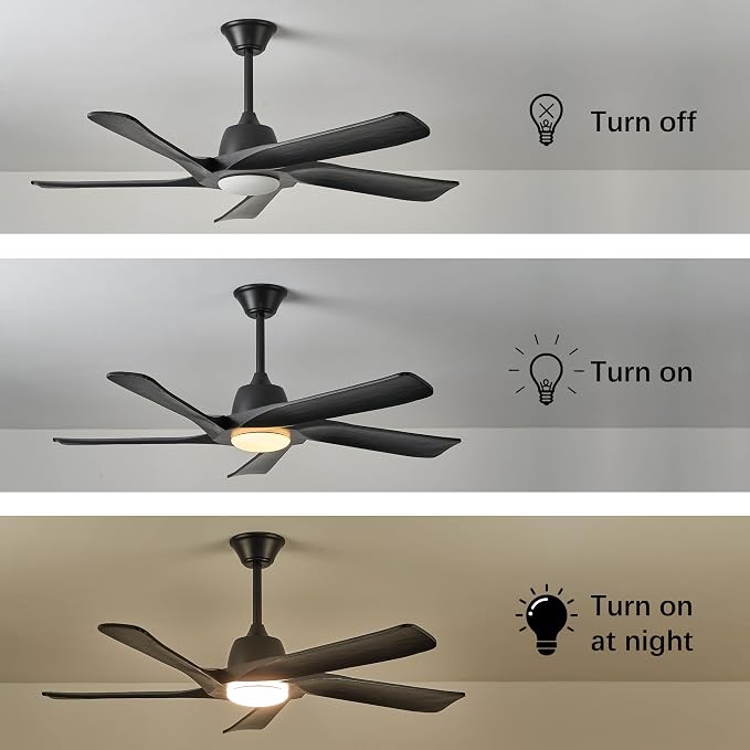 Ceiling Fan with Light, 52 Inch Solid Wood Ceiling Fans, Remote and APP Control, 3-color Dimmable, DC Motor, 6-speed Reversible, for Bedroom, Living Room, Black