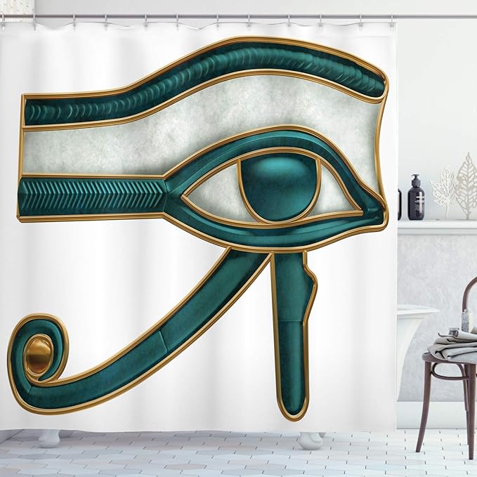 Ambesonne Egyptian Print Shower Curtain, Eye Pattern Egyptian of Protection Image, Cloth Fabric Bathroom Decor Set with Hooks, 69" W x 75" L, Yellow Emerald