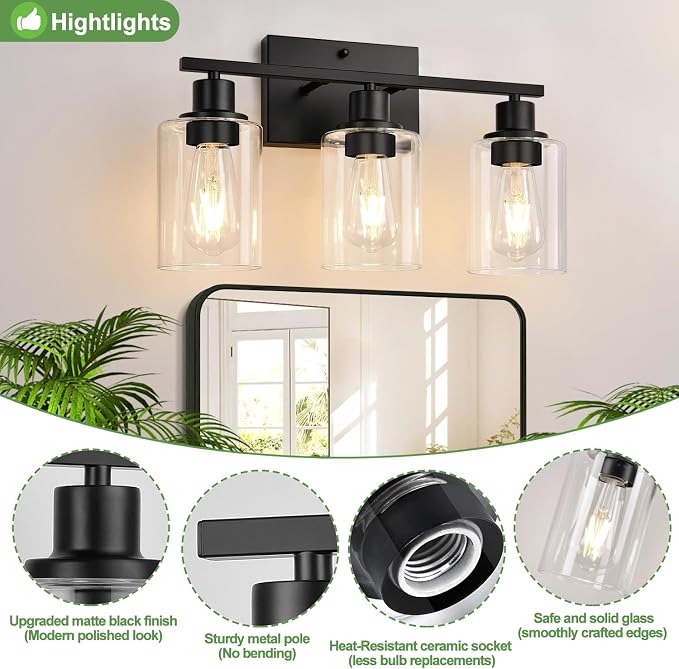 Indoi 3-Light Bathroom Light Fixtures, Matte Black Modern Vanity Lights with Clear Glass Shades, Bathroom Wall Lamp for Mirror Living Room Cabinet Bedroom Porch