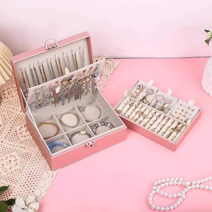 BOOVO Large Jewelry Boxes For Women (Rose Gold, 4 layer) | 4 Layers Jewelry Organizer Box With Cosmetic Storage Drawer, Necklace Ring Jewelry Organizer Box