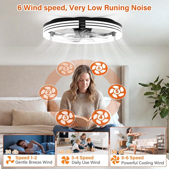 Ceiling Fans with Lights and Remote, 20'' Low Profile Ceiling Fan with APP Control, 3000K-6500K Dimmable, Quiet Reversible DC, Modern Flush Mount Fandelier for Bedroom (Black-Stripe)