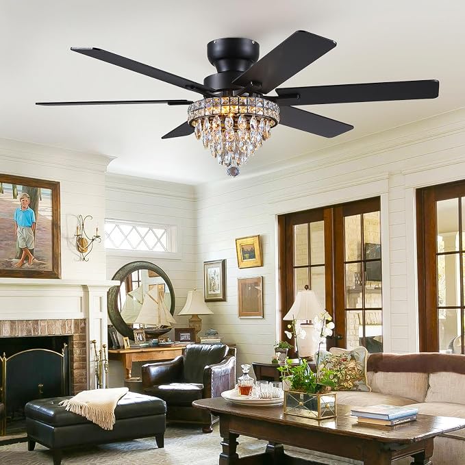 Asyko 52" Low Profile Crystal Ceiling Fans with LED Lights and Remote/APP | Supports Remote and APP,Reversible 6 Wind Speeds,30W Quiet DC Motor,6 Wood Blades,Dimmable 30W LED,Suits for Bedroom Kitchen