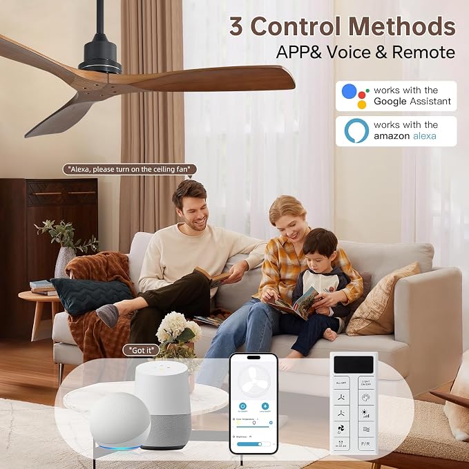 Sofucor Smart Ceiling Fan no Lights, 52" Low Profile Ceiling Fans with Remote, Compatible with Alexa/Google/App, 6-Speed Timing Reversible DC Motor for Bedroom Living Room Patio Indoor Outdoor