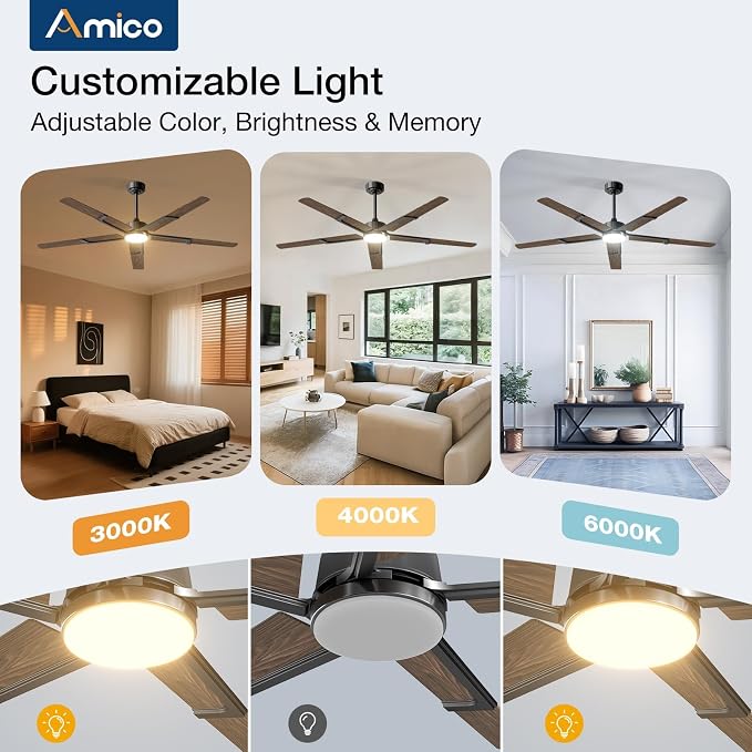 Amico Ceiling Fans with Lights and Remote, 62 Inch Walnut Indoor/Outdoor Ceiling Fan with 6 Speed, Reversible DC Motor, 3CCT, Dimmable, Noiseless modern ceiling fan for Bedroom, Living Room, Patio