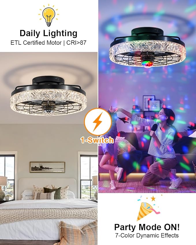 Disco Ceiling Fans with Lights,7 Color Disco Ball Modes, Flush Mount Low Profile Ceiling Fan with Light and Remote Control Dimmable 3 Color Reversible Motor 6 Speeds for Bedroom Living Room Party