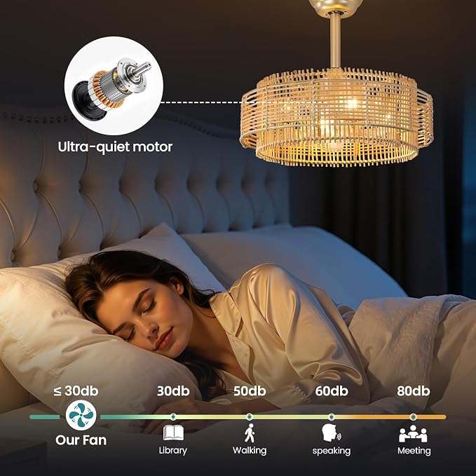 KAISITE Boho Caged Ceiling Fan with Light and Remote Control 19" Rattan Fandelier 6 Speeds Bladeless Ceiling Fan Semi Flush Mount Chandelier Fan for Bedroom Living Room Nursery