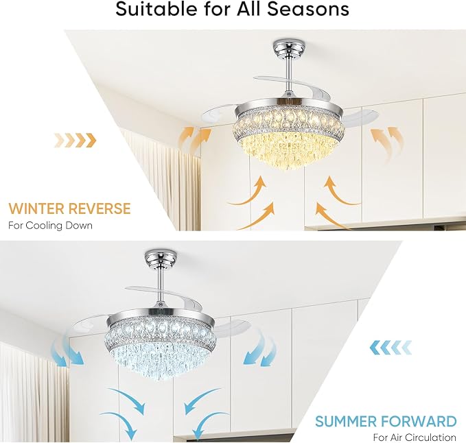 42" Fandelier Ceiling Fan with Light, Crystal Retractable Ceiling Fan with Lights and Remote, Chandelier Fans for Bedroom Living Room, Reversible DC Motor, Dimmable, 6 Speeds - Chrome