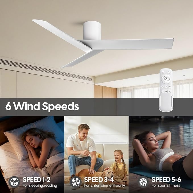 Modern Flush Mount Ceiling Fan No Light, 55" Matte White Low Profile Ceiling Fan Without Light, 3 ABS Blades, 6 Speed, Reversible DC Motor, Cool Hugger Fan for Kitchen, Bedroom, Living Room