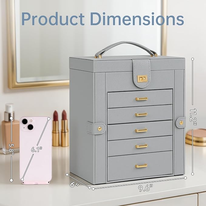 AKOZLIN 6-Tier Jewelry Box Organizer Functional 5 Drawers Leather Jewelry Storage Case for Women Girls Ring Necklace Earring Bracelet Holder Organizer with Mirror Medium Grey
