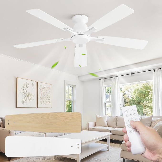 Fanbulous 52 Inch Flush Mount Ceiling Fan No Light with Remote, White | Modern Low Profile Without Light, 6-Speed, Quiet Reversible DC Motor, Indoor/Outdoor Use, for Bedroom, Living Room, Patio