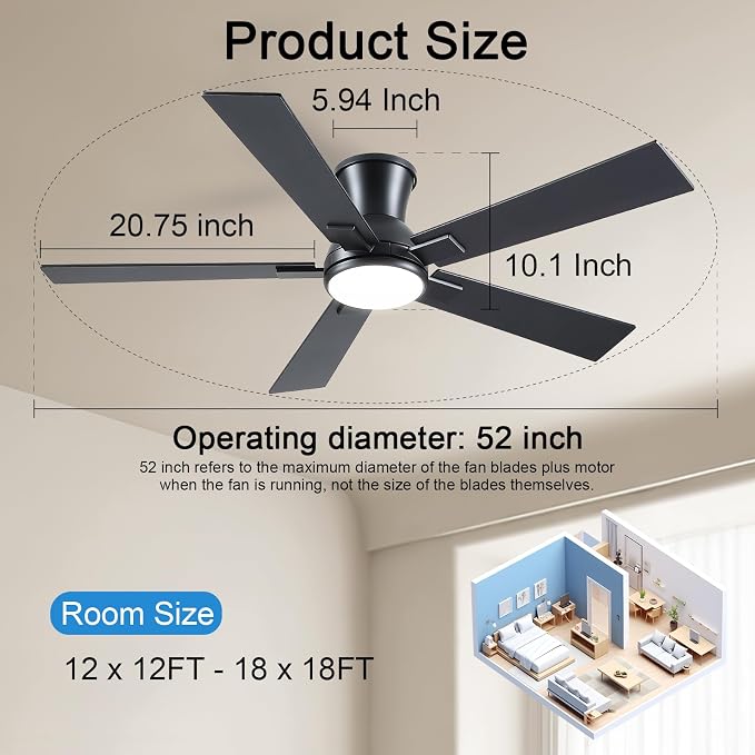 52 Inch Black Flush Mount Ceiling Fan with Light, 3CCT Dimmable LED, 6-Speed Remote Control, Reversible Motor,Quiet Low Profile Energy-Efficient for Bedroom & Living Room,ETL Listed