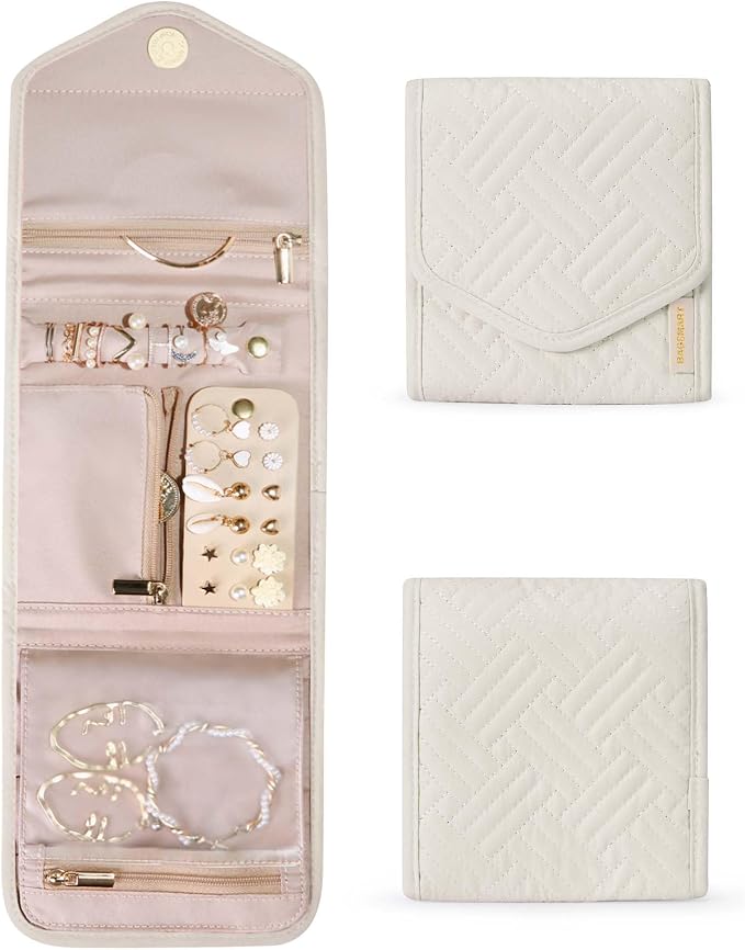 BAGSMART Travel Jewelry Organizer Case Foldable Jewelry Roll for Journey Rings, Necklaces, Earrings, Bracelets,Mini,Beige