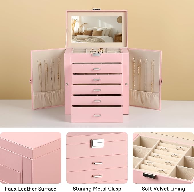 Frebeauty 6-Layer Jewelry Box for Women,Large Jewelry Organizer with Drawer | Faux Leather,Built-in Mirror,Spacious Jewelry Storage,16 Necklace Hooks,Organizing by Category for Rings Earrings Bracelet