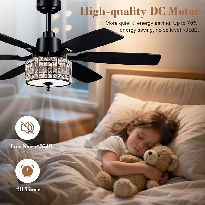 Kviflon 52 Inch Crystal Ceiling Fan with RGB Lights and Remote/APP Control, Black Fandelier Ceiling Fan with Light, Modern Chandelier Ceiling Fan for Bedroom Living Room, Quiet DC Motor, Dimmable LED
