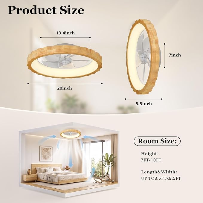 20 Inch Low Profile Ceiling Fan with Light, Flush Mount Small Fandelier with Remote Control, Modern Smart Dimmable Quiet LED Fan Light for Bedroom Living Room, Flower Patterned Natural Wood