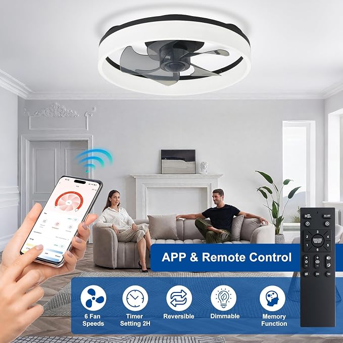DLLT Ceiling Fans with Lights and Remote: 16 Inch Modern Low Profile Ceiling Fan with APP Control for Kids Room - Black Dimmable LED Bladeless Fandelier with 6 Wind Speeds Quiet DC Motor for Bedroom