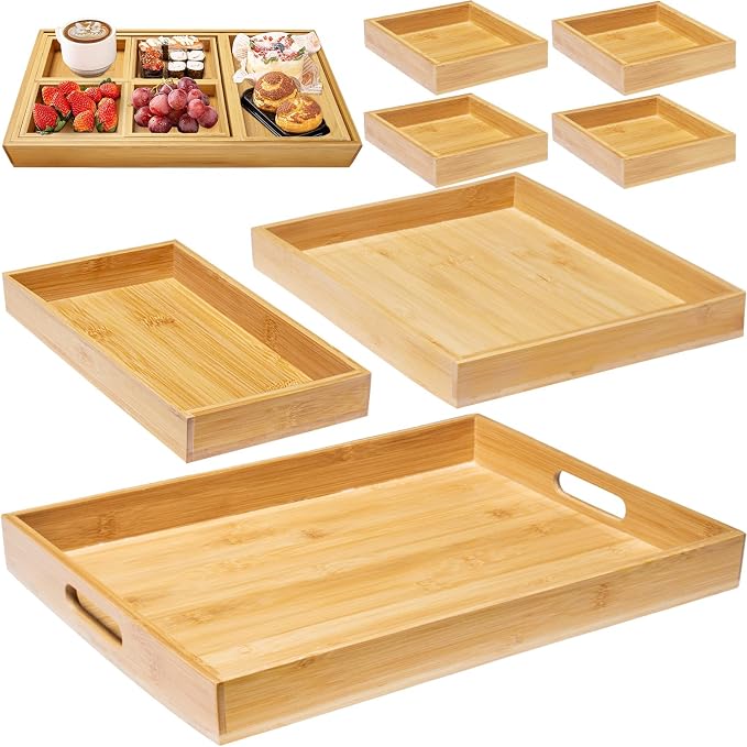 Wood Serving Tray with Handle, Set of 7 Nesting Rectangular Trays for Party | 4 Sizes Tray-Snacks to Entrees,Decorative Serving Platter for Breakfast Bed,Lunch,Ottoman,Coffee Table,BBQ-Great for Lap&Sofa