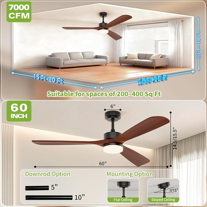 60 Inch Ceiling Fans with Lights and Remote Control, Walnut Ceiling Fan with Light for Bedroom, Living Room, Covered Outdoor, 6 Speeds Reversible Noiseless DC Motor, 3CCT, Dimmable LED Light