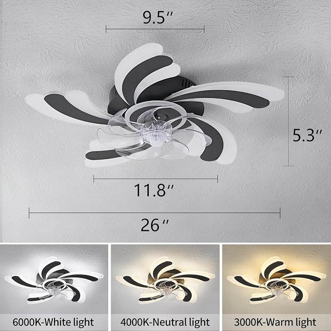 Dalouguan Ceiling Fan with Lights Remote Control, Black Flower 6 Speeds 3 Light Color Low Profile Flush Mount Ceiling Fan for Kitchen Bedroom