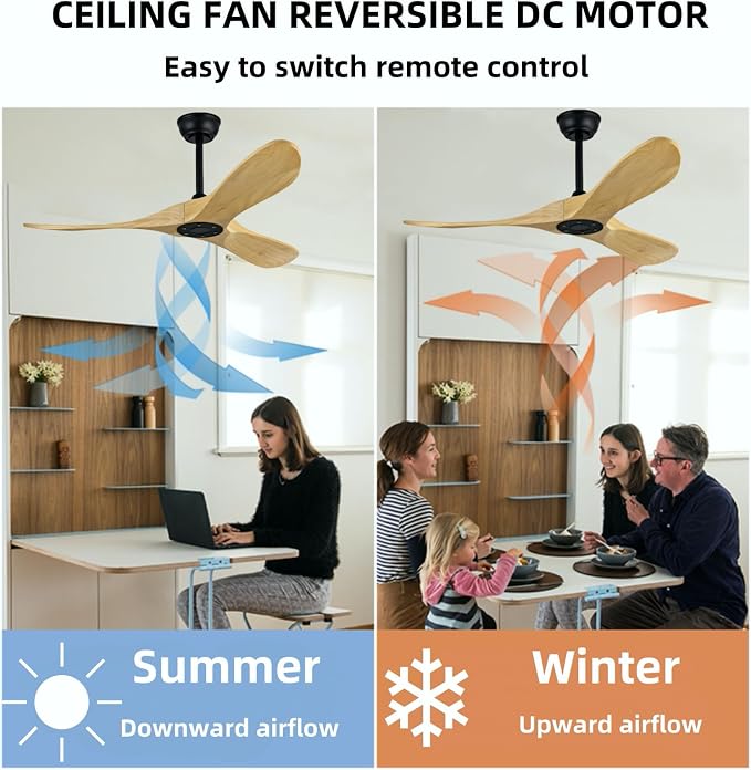42 Inch Ceiling Fan, Without Light, with Remote Control, Silent DC Motor, 3 Blades, Modern Low Profile Ceiling Fan, For Bedroom, Living Room, Dining Room, Office (Natural Wood, 42 inch)