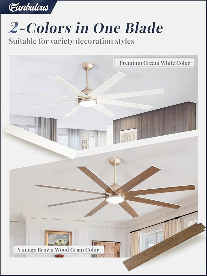 Fanbulous Ceiling Fans with Lights, 72 inch Large Ceiling Fan with Light and Remote, Champaign Gold Ceiling Fan for Living Room Patio, 6 Speeds, Reversible Quiet DC Motor, 3 CCT, Bi-color 8 Blades