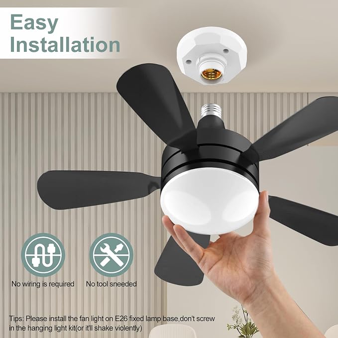 17.7" Socket Fan Light, Stepless Dimmable 3000K-6500K Small Ceiling Fans with Lights and Remote, 3000 Lumens E26/E27 Light Bulb Fan with Reversible Motor, for Bedroom Garage Kitchen Living Room