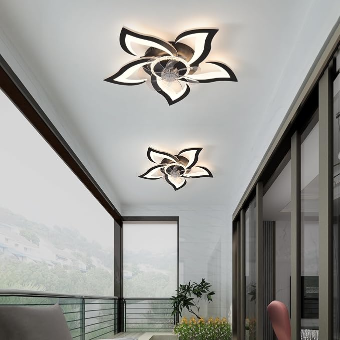 26" Geometric Ceiling Fan with Lights Remote Control, 6 Speeds 3 Colors, Black Low Profile Flush Mount Ceiling Fan for Kitchen Bedroom Living Room