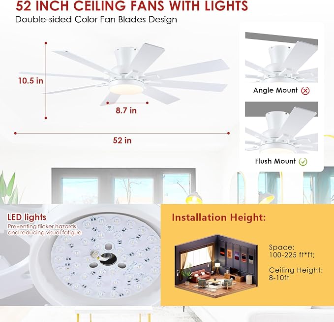 Mpayel Ceiling Fans with Lights, 52 Inch Low Profile Flush Mount Ceiling Fan, Modern White Ceiling Fan with Light for Bedroom Living Room, Remote/APP Control, Quiet DC Motor, Dimmable, 8 Wood Blades