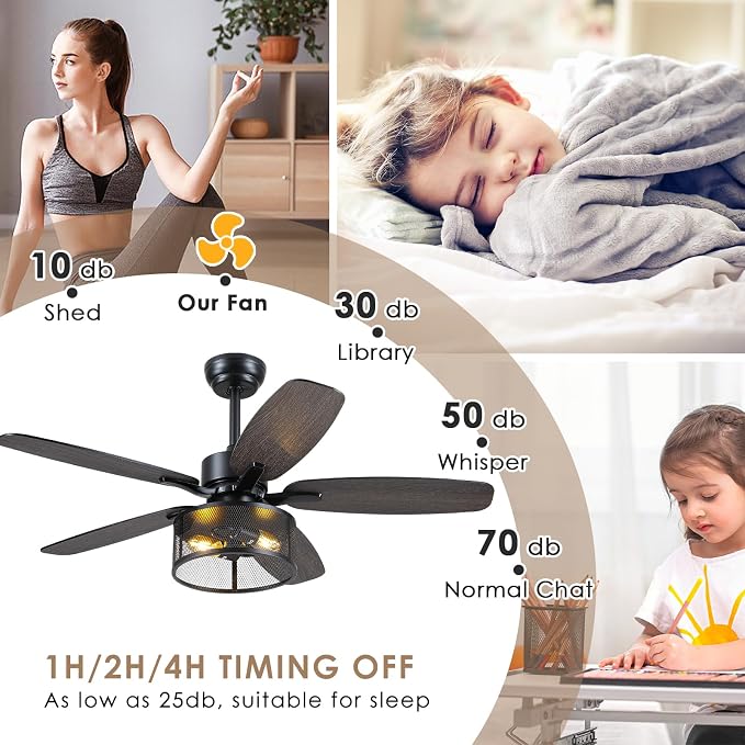 Hounberi 48 Inch Farmhouse Ceiling Fan with Light and Remote, Industrial Black Caged Ceiling Fan, Dual Finish 5 Blades, 6-Speed Reversible DC Motor, Industrial Ceiling Fans for Bedroom, Living Room