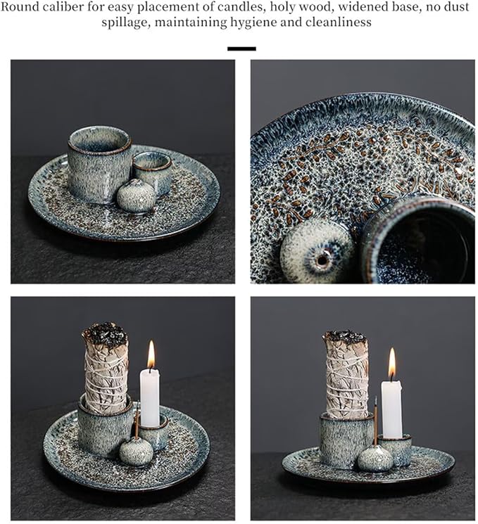 Incense Burner, Sage Palo Santo Candle Sticks Holder for Burning with Ash Catcher Tray, Handmade Ceramic Multi-Use Aromatherapy Tray for Meditation, Yoga, Home Decor (Blue)